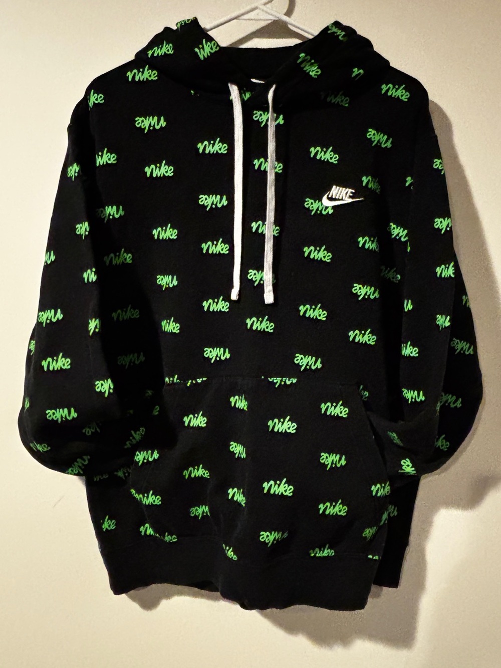 Black Nike Hoodie with Neon Green Script Logo size L